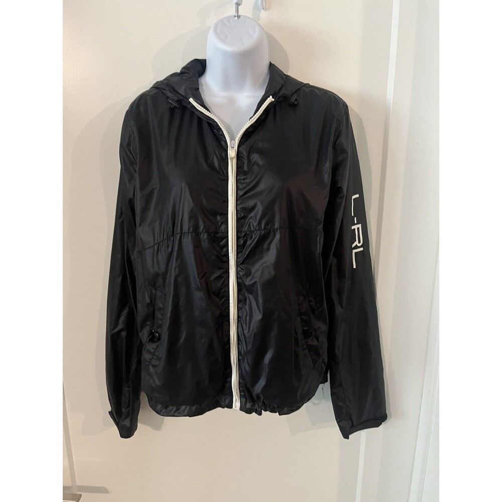 Lauren Ralph Lauren Black Hooded Nylon Windbreaker Y2K Jacket White Zip Women M